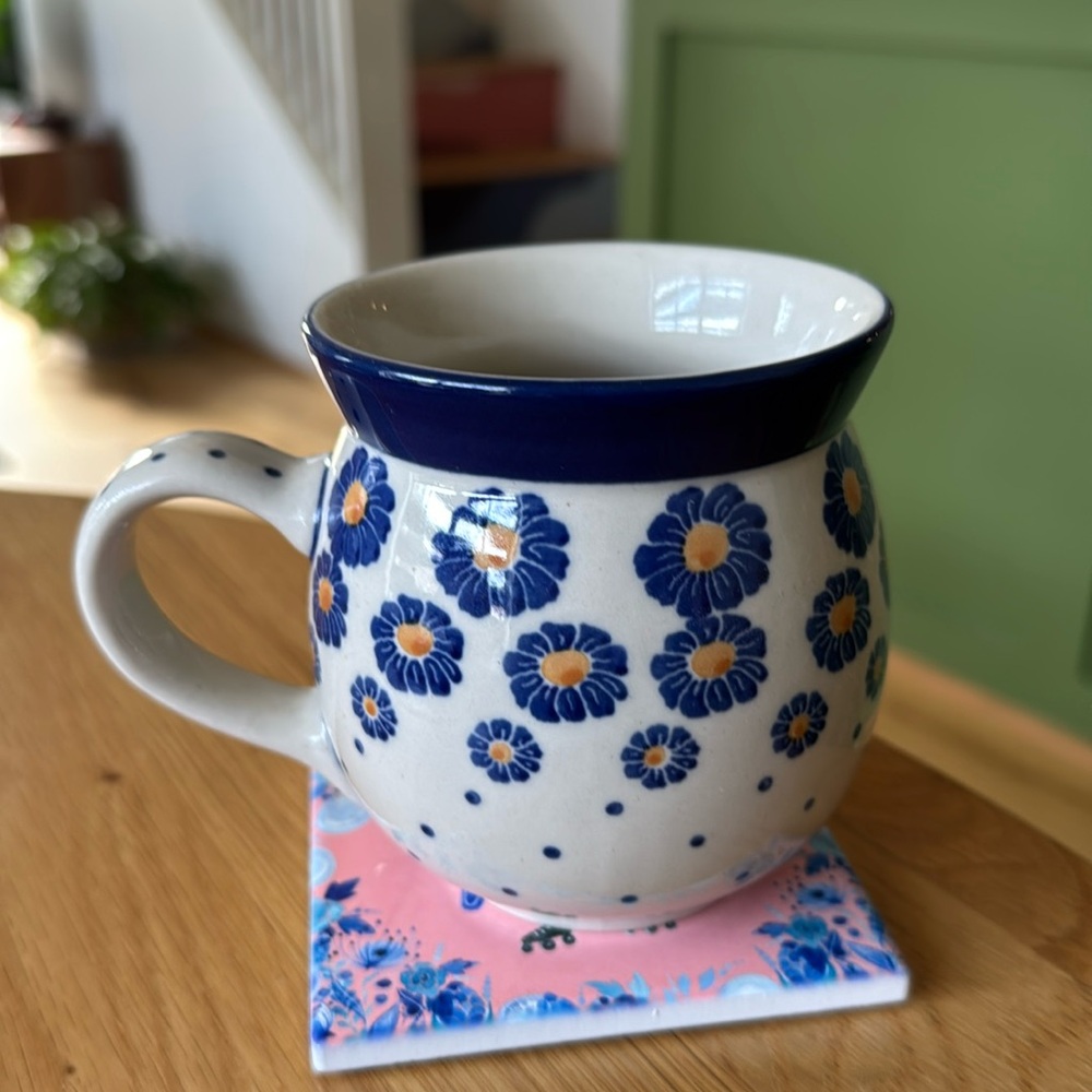 Boleslawiec Polish Pottery Cup Mug Latte flower polka dots 16oz
